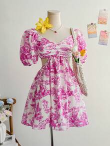 Soleia Sukienka damska typu romantyczna, z bufiastymi rękawami i kwiatowym nadrukiem, z odkrytymi plecami i wiązaniem w talii, w kształcie litery A, w stylu księżniczki, na wakacje - Wielokolorowe - Zobacz 6