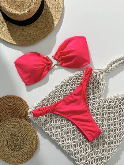 Swim Vcay Women's Summer Solid Color Bandeau Metal Decor Sexy Strappy 2 Pieces Bikini Set