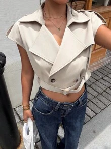 SHEIN EZwear 女式翻领双排扣腰带短款风衣 - 卡其色 - 查看 1