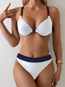 Swim Vcay 2pcs/Set Women Summer Beach Vacation Fashion Solid Push Up Padded Bikini Set Swimsuit