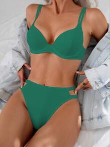 Swim Basics 2 件套女士沙滩聚拢比基尼套装，简约纯色纹理面料，细肩带，夏季度假 - 綠色 - 查看 1