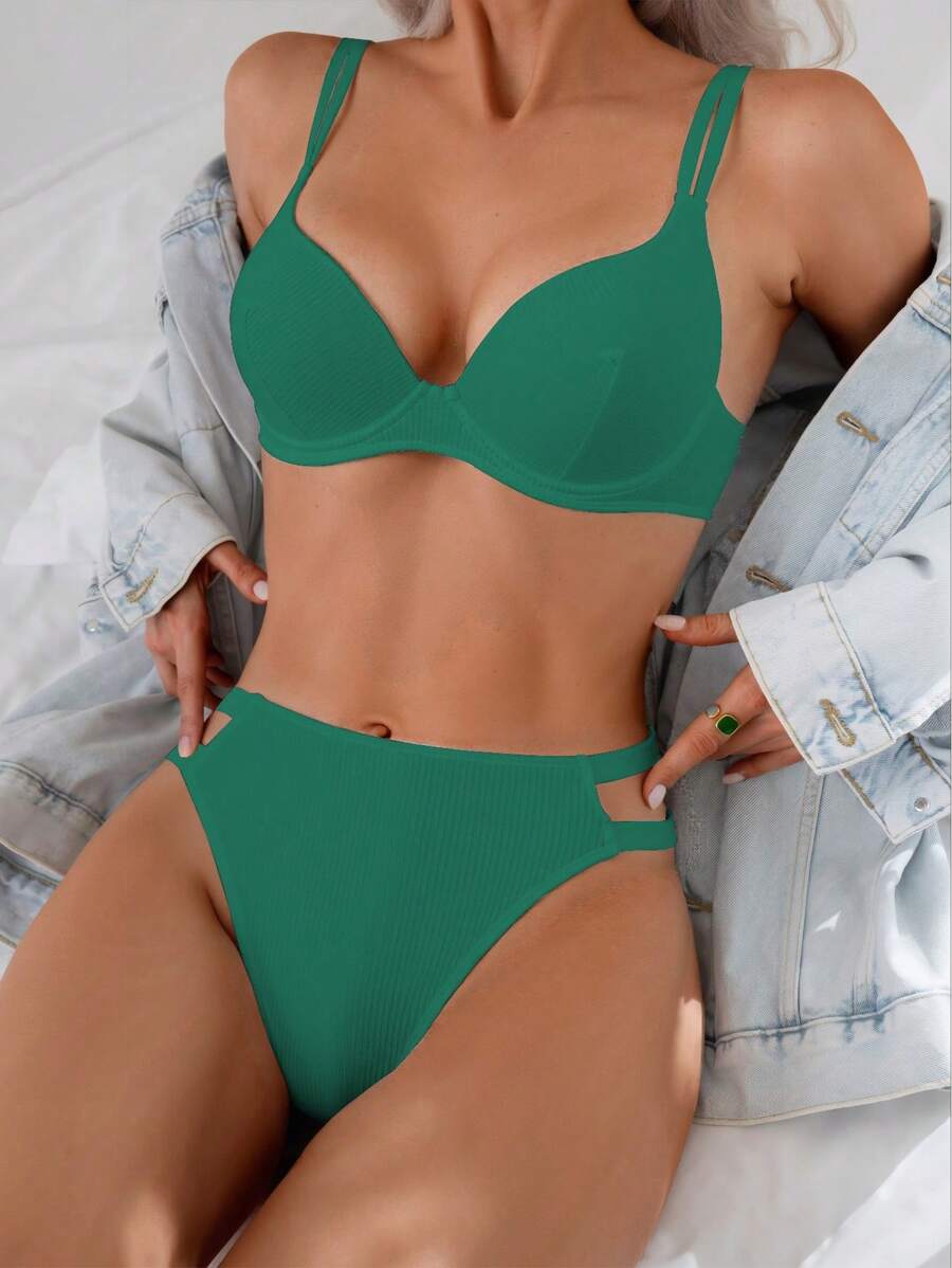 Swim Basics 2 件套女士沙滩聚拢比基尼套装,简约纯色纹理面料,细肩带,夏季度假 - 綠色 - 查看 1
