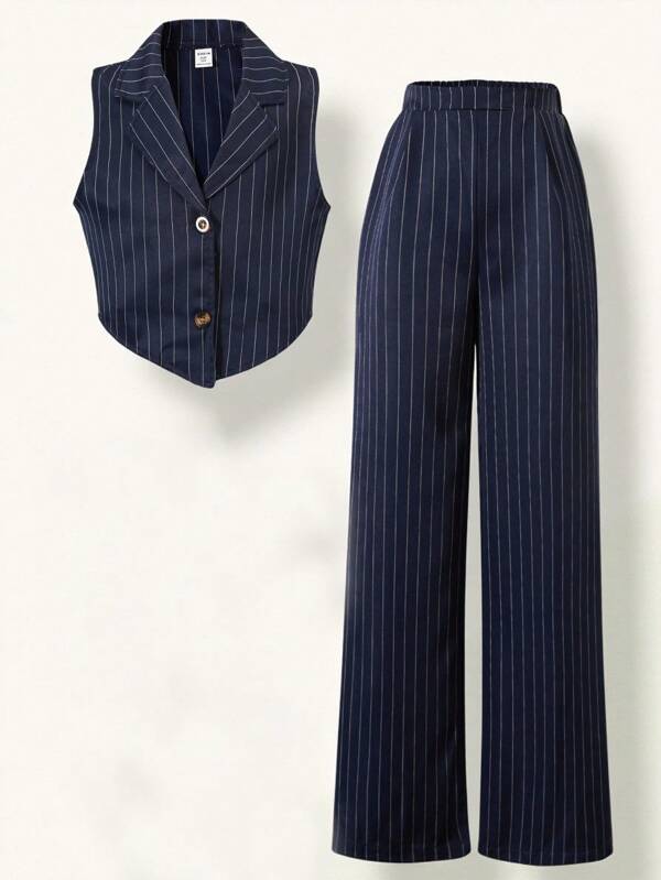 SHEIN Wildeya Tween Girl's Elegant Blue & White Striped Suit Vest And Pants 2 Pieces Set, Urban Commute Style, & Graceful, Suitable For Wedding, Wedding Guest