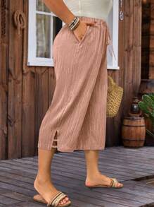 EMERY ROSE 加大码纯色松紧腰抽绳宽松开衩休闲裤