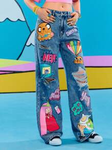 Adventure Time X ROMWE 涂鸦卡通图案宽松牛仔裤 - 藍色 - 查看 6