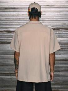 EASEVO 男士加大码字母印花宽松休闲短袖衬衫 - 卡其色 - 查看 3