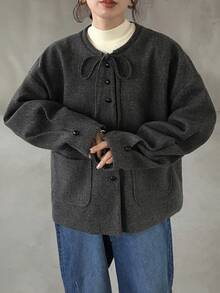 FRIFUL 女士抽绳蝴蝶结宽松纯色外套，秋冬女式外套 - 深灰色 - 查看 4
