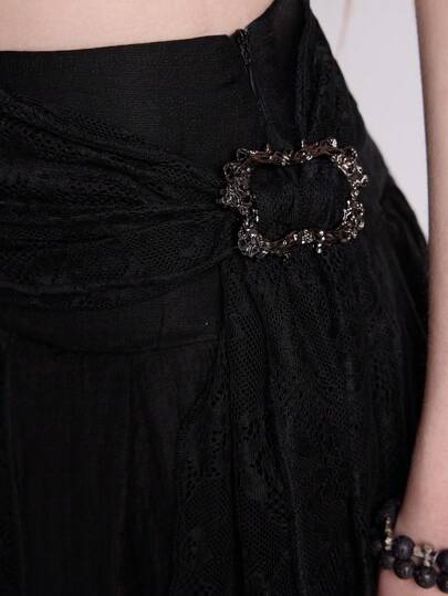 Goth Asymmetrical Hem Heavily Embellished Lace Maxi Skirt, Boho Goth