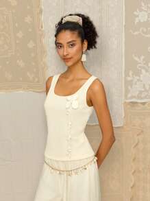 SHEIN MOD Apricot Crochet Material Round Neck Floral Decor Top - Apricot - View 5