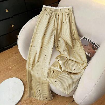 여성용 여유로운 나비 매듭 크림 및 줄무늬 레이스 허리 와이드 레그 팬츠