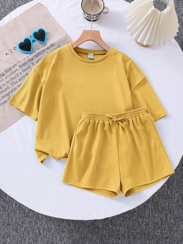 SHEIN LMoss Kids Set 2 buc. tricou lejer cu guler rotund și pantaloni scurți tricotați, pentru fete tinere