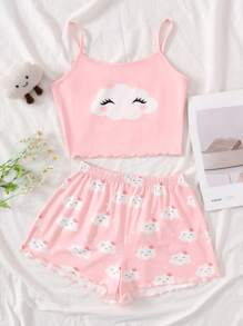 SHEIN Tween Girls Cute Cartoon Print Cami & Shorts Knit Pajama Two Pieces Set - Baby Pink - View 1