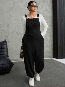 SHEIN EZwear 大码灰色弹力羊毛罗纹针织背带裤，秋冬款 - 黑色 - 查看 1