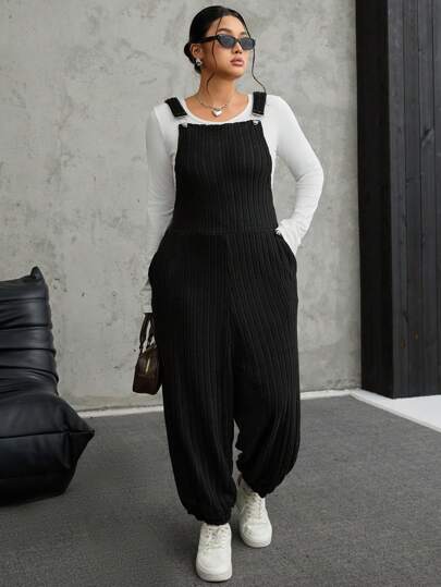 SHEIN EZwear 大码灰色弹力羊毛罗纹针织背带裤，秋冬款