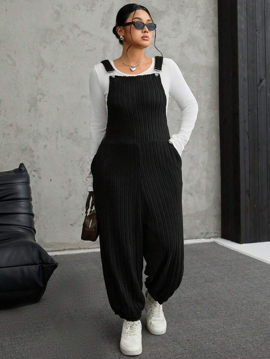 SHEIN EZwear 大码灰色弹力羊毛罗纹针织背带裤，秋冬款 - 黑色 - 查看 1