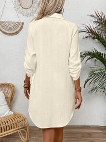 SHEIN LUNE Women's Solid Color Roll-Up Sleeve Single-Breasted Loose Casual Shirt Dress Fall Cloth For Women
