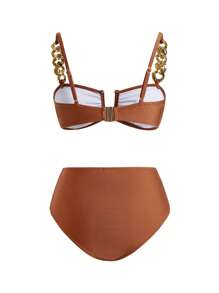 Swim Oasis Women Solid Color Metal Chain Detailed Split Bikini Set Set With Twist Front Skirt