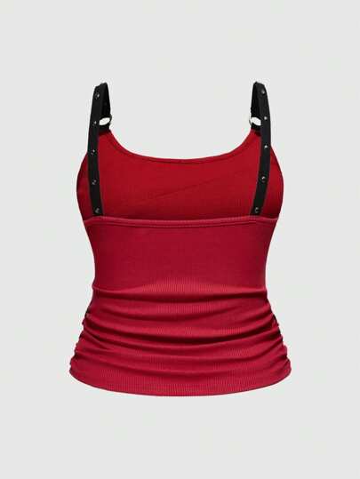 Grunge Punk Top sin mangas de tirantes de mujer de talla grande con escote pronunciado en V profundo, hebilla con tachuelas y brillantes, adecuado para verano, playa, graduación, Pascua, festivales de música, vacaciones