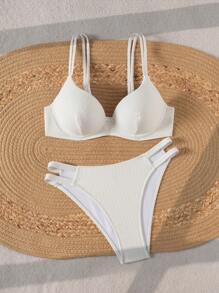 Swim Basics 2pcs/Set Women Push Up Simple Solid Color Textured Fabric Spaghetti Strap Bikini Swimwear Sets, Beach Summer Outfits - White - View 5