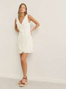Nöista 女士白色纹理蕾丝V领连衣裙。透气，海滩度假的完美之选 - 白色 - 查看 4