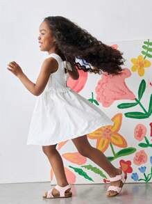 Maija Kids Maija Kids Chic Toddler Girl White Sleeveless Midi Dress Featuring Adorable Double Bow Accents On The Back. This Comfortable Round Neck Flared Polyester Dress Is Ideal For Summer Playtime And Everyday Adventures. - White - View 3