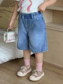 SHEIN Young Girl'Blue Loose 3/4 Jeans Spring And Summer Casual Vacation Country Boho Wear Fall Winter - Light Wash - View 3