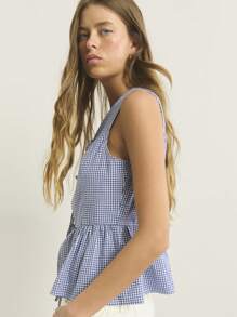 Nöista 无袖荷叶边上衣，蓝色格子印花，质地柔软，前部系带设计俏皮迷人。非常适合夏季早午餐、节日或周末出游。 - 藍白色 - 查看 3