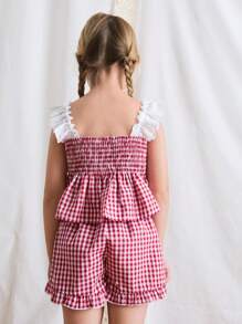 Maija Kids Maija Kids 小女孩刺绣吊带格子泡泡袖连衣裙背心短裤套装