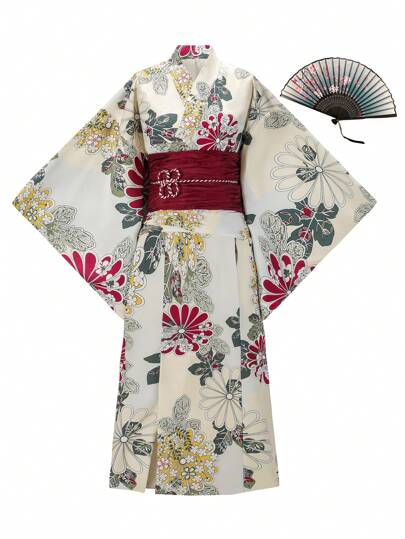 Irokai 花卉印花喇叭袖日式浴衣