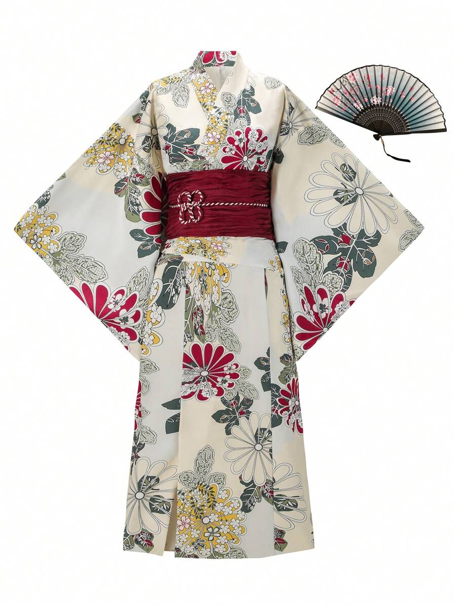Irokai 花卉印花喇叭袖日式浴衣 - 彩色 - 查看 1