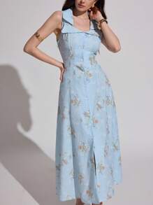 Modelyn Váy dài in hoa lãng mạn cho nữ, làm bằng vải đặc biệt - Màu xanh lam - Xem 5