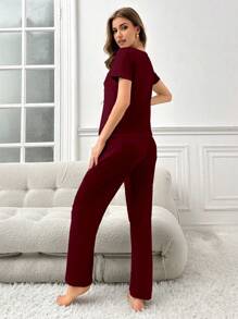 女士字母印花短袖上衣和裤子睡衣套装 - 紅色 - 查看 2