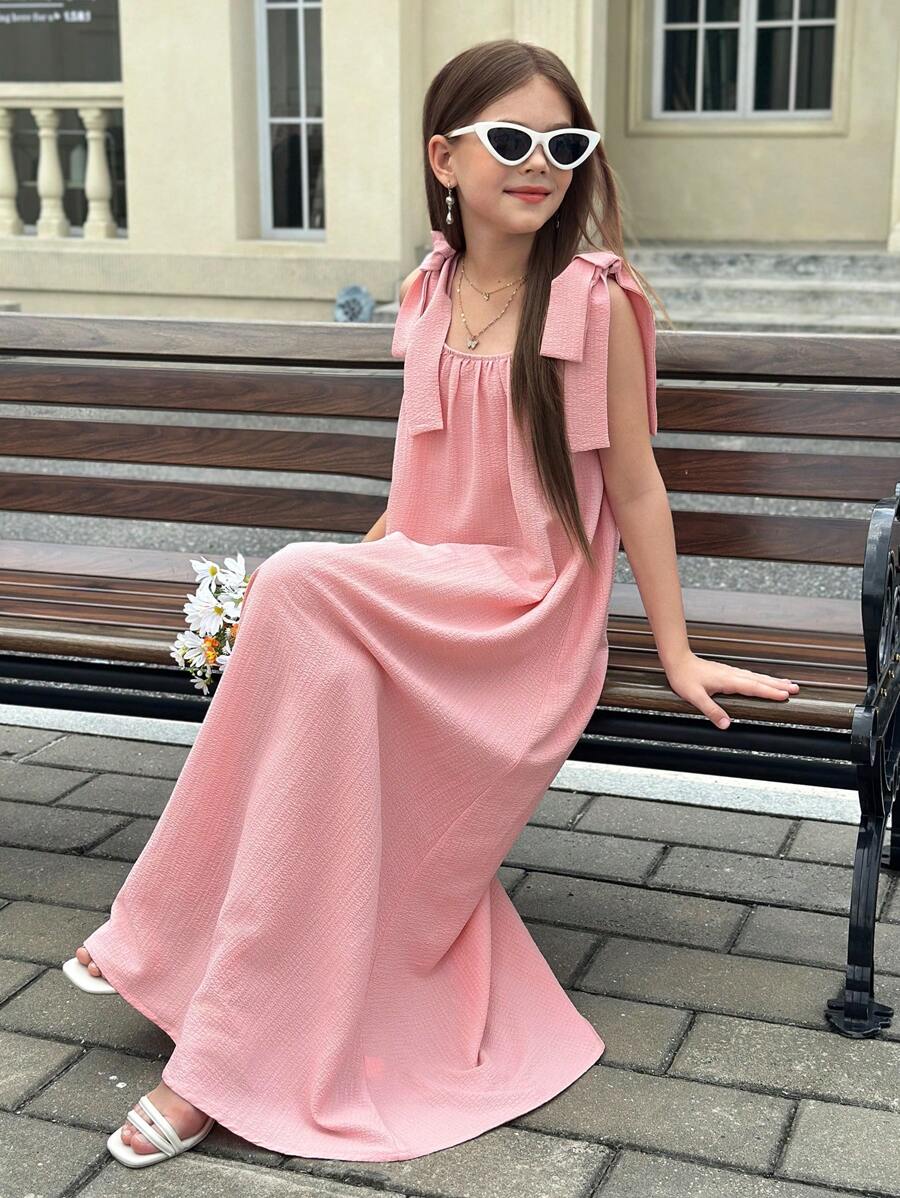 SHEIN 少女粉色休闲褶饰腰部蝴蝶结宽松长裙，波西米亚风，海滩，度假，音乐节 - 粉色 - 查看 1