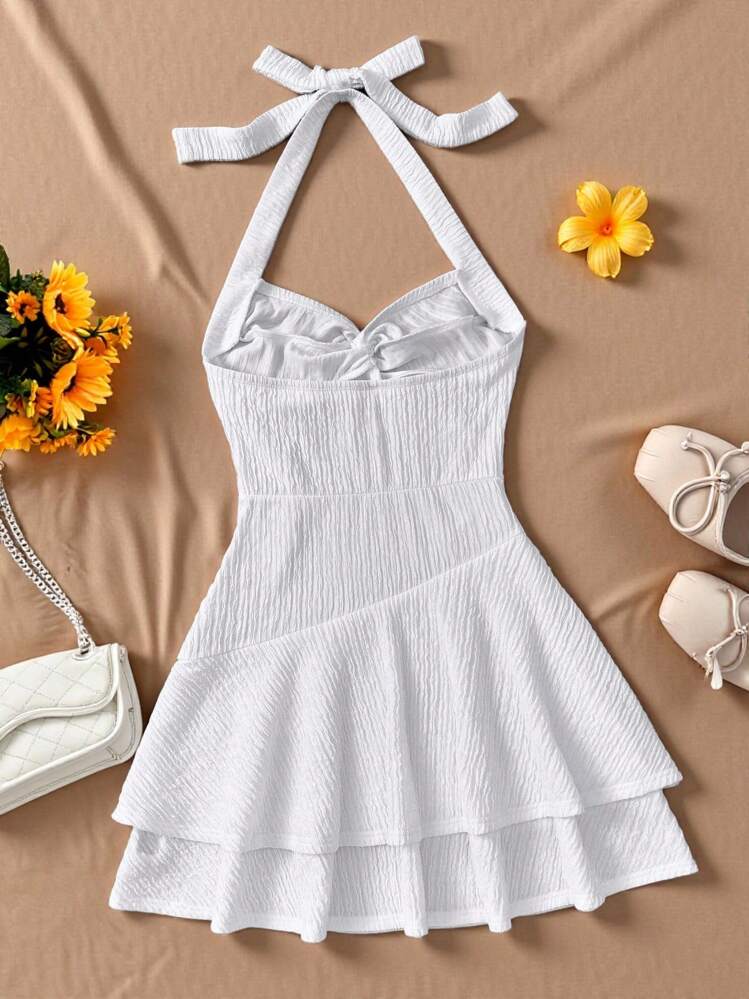 SHEIN Teen Girls Dresses Backless White Mini Dress With Tie/Ruffled Hem And Double Layer/ Suitable For Party/Date/Valentine's Day/Vacation Outfits /Vacation Dress/Beach Vacation Outfits White Swimsuit Dress Swimsuit With Skirt White Swim Dress Halter Swim Dress White Beach Dress - White - View 2