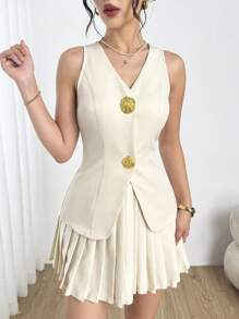 Modelyn 2pcs/Set Summer Commuter Single-Breasted Vest And Pleated Skirt Set - Apricot - View 3