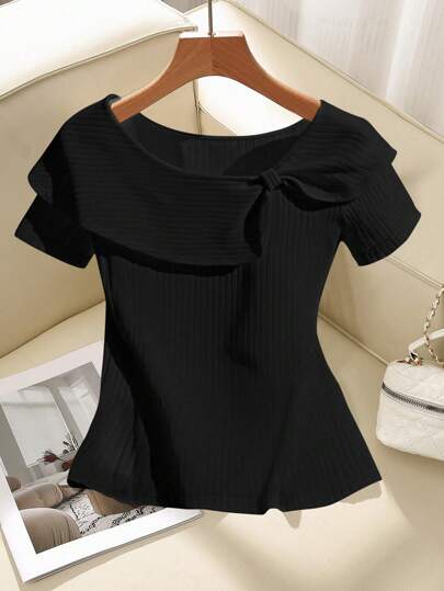 SHEIN Clasi 女式纯色扭纹设计短袖时尚T恤，夏季