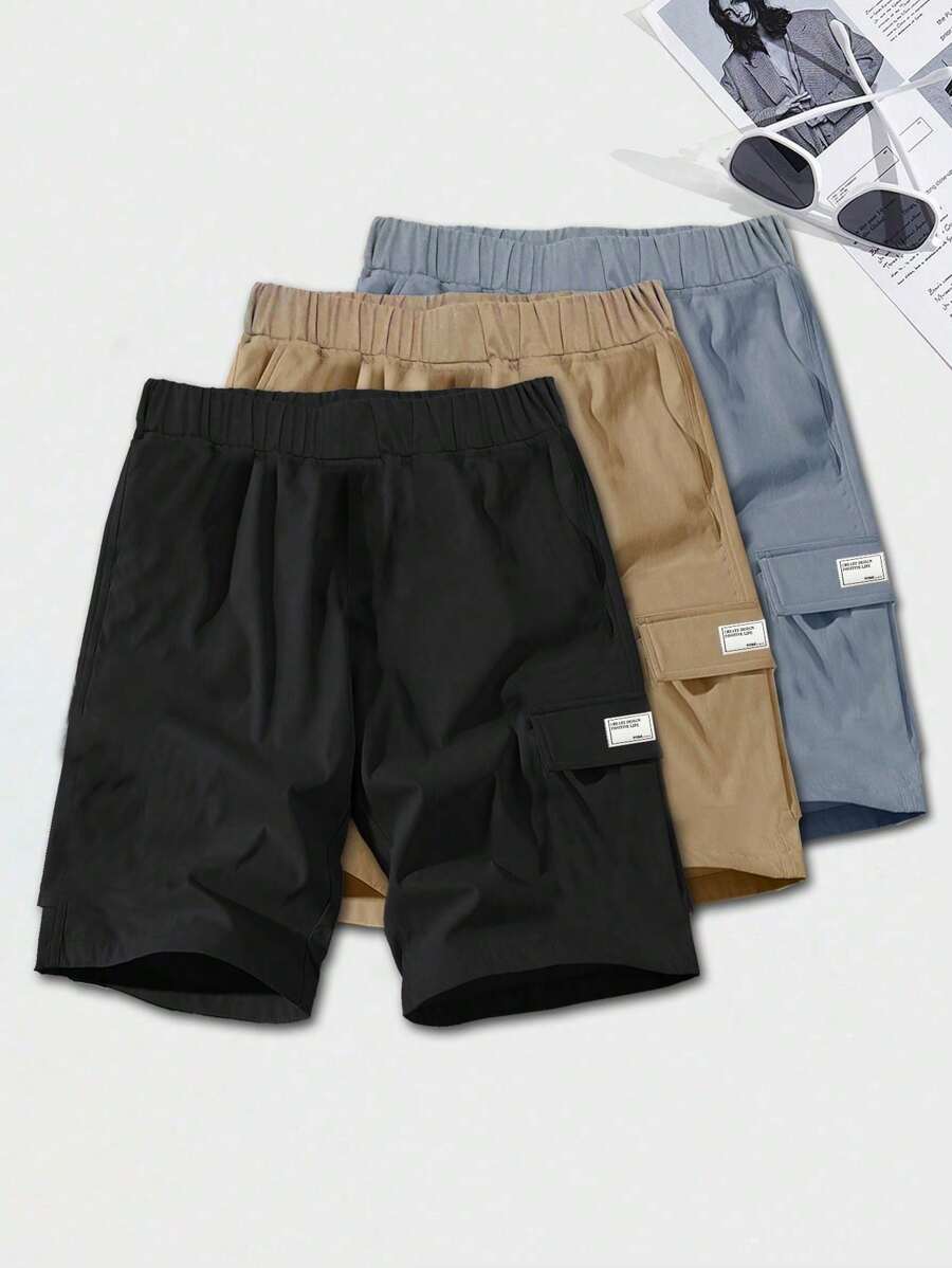 SHEIN 3 件套年轻男孩休闲日常舒适纯色贴袋宽松梭织短裤，多件套适合通勤、上学、休闲、旅行、运动、春夏秋冬