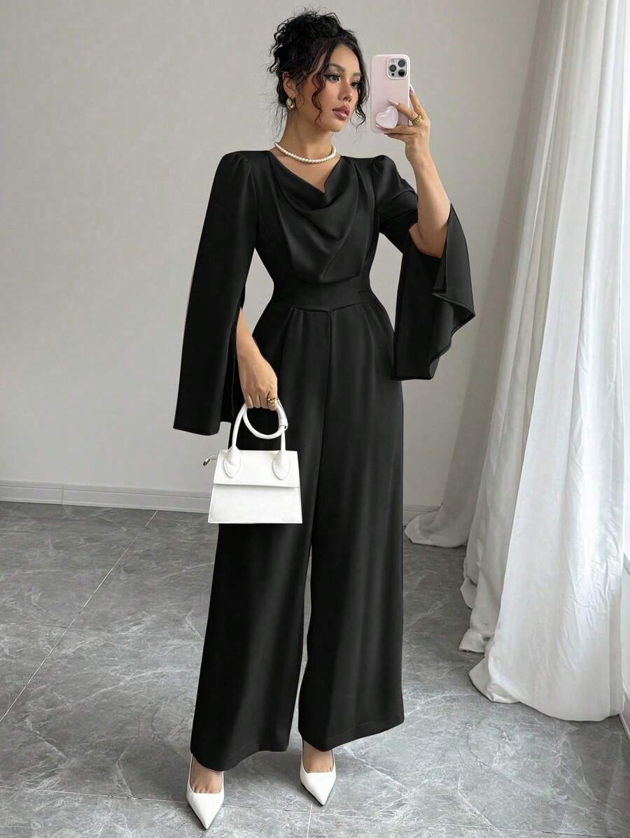 Elenzga Women's Elegant Plunge Neck Fitted Satin Black Jumpsuit Fall Cloth For Women - Black - View 1