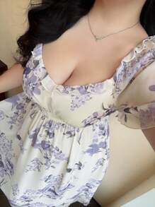 Vibekara Plus Size Women's Spring/Summer Square Collar Ruffle Sleeve Short Sleeve Elegant Resort Vintage Cute Casual A-Line Floral Print Chiffon Maxi Dress