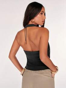 SHEIN BAE Women's Solid Color Plunging Draped Neck Sleeveless Sexy Halter Top, Summer - Black - View 2