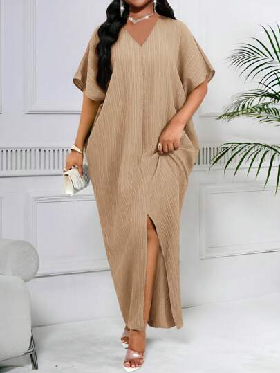 SHEIN Lady Vestido túnica midi informal de lino tejido verde con mangas de murciélago ranuradas entalladas para primavera y verano, vestidos talla grande, conjuntos de vacaciones, atuendos de playa para mujer, vestido de playa, vestido de boda de invitada, vestido casual de negocios para mujer, vestido de graduación para mujer