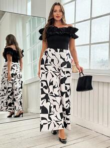 Ellevyn Curve Plus Size Women's Black And White Summer Elegant Cocktail Off-Shoulder Ruffle Bodysuit & Geometric Printed Elastic Waist Trousers Two-Piece Set - Multicolor - View 6