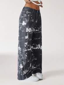 SHEIN EZwear Pantalones vaqueros holgados de pierna ancha con estampado de teñido anudado y talle bajo para mujer - Multicolor - Ver 5