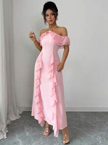 Elenzga Spaghetti Strap Cold-Shoulder Ruffle Hem Waisted Elegant Romantic Women Dress