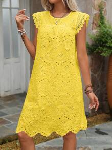 SHEIN Tall Women Crochet Embroidered Mini Ruffled Sleeve Lace Decor Vacation Beach Dress (Random Embroidery) - Yellow - View 5