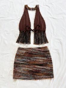 Soleia Women's Vacation Style Allover Print Backless Halter Top And Frayed Hem Skirt 2-Piece Set Brown Two Piece Set Women Fuzzy Two Piece Set Boho Two Piece Set  Fall Women Clothes Fall Outfits  Winter Clothes Back To School  Christmas Clothes Date Night Outfits Women   Punk Off The Shoulder Sweate,Sexy Top - Coffee Brown - View 2