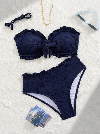 Swim Mod Summer Vacation Sexy Solid Color Textured Fabric Spaghetti Strap Ruffles Bandeau Bikini Swimsuit Set