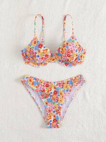 Swim Mod Random Ditsy Floral Vacation Beach Swimsuit Set For Summer - Multicolor - View 3