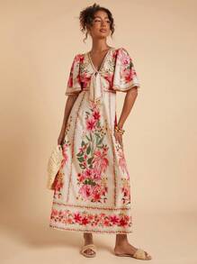 Travachic 女士度假浪漫花卉印花荷叶边长裙，秋季女装，秋装，女士秋季连衣裙，女士秋季服装，秋季服装，女士端庄连衣裙 - 彩色 - 查看 7