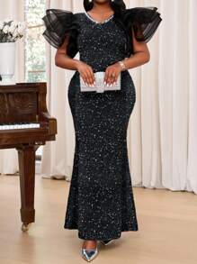 Fleurora 春夏秋冬优雅派对婚礼酒会黑色针织甜心荷叶边袖美人鱼紧身大码连衣裙女士夏季连衣裙女士夏季服装女士连衣裙女士白色连衣裙黑色连衣裙婚礼宾客连衣裙女士优雅派对连衣裙女士太阳裙大码女装女士连衣裙女士优雅正式连衣裙女士生日连衣裙女士夏季连衣裙女士正式连衣裙 - 黑色 - 查看 3